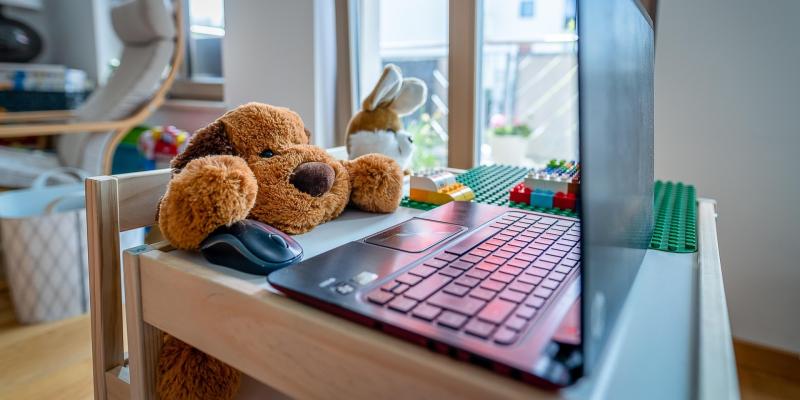 A stuffed dog sits at a laptop